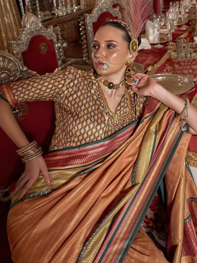 Lovely Burnt Orange Zari Weaving Silk Festival Wear Saree With Blouse
